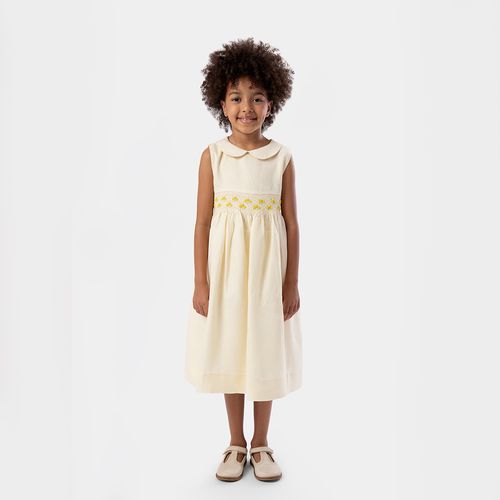 Vestido Infantil Feminino Puro Linho Bordado Ponto Smock - AMARELO