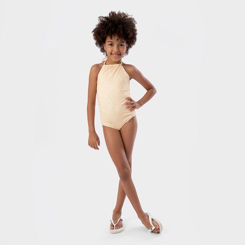 Maiô Infantil Feminino com Amarração e Proteção UV50+ Estampa Criar - AMARELO