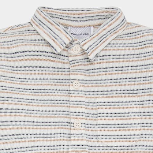 Macacão de Bebê Masculino Curto Piquet Listrado com Gola - OFF WHITE