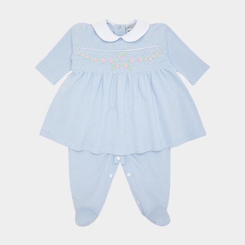 Macacão Vestido de Bebê Feminino Longo Dadinho Ponto Smock - AZUL BEBE