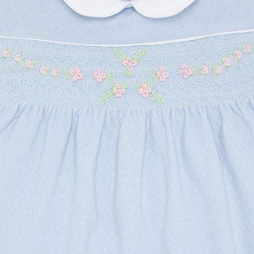 Macacão Vestido de Bebê Feminino Longo Dadinho Ponto Smock - AZUL BEBE