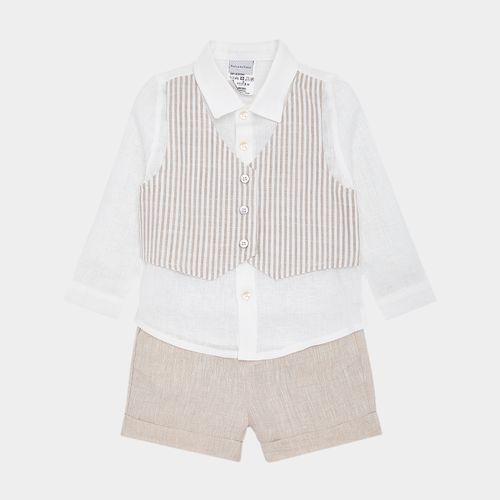 Conjunto de Bebê Masculino com Colete Listrado Puro Linho - KAKI