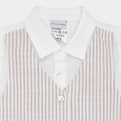 Conjunto de Bebê Masculino com Colete Listrado Puro Linho - KAKI