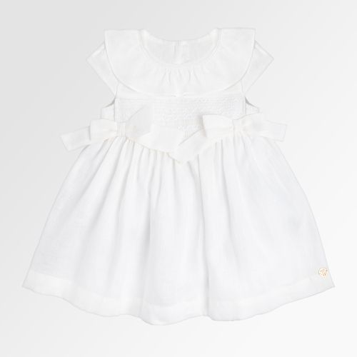 Vestido de Bebê Feminino Puro Linho Ponto Smock - BRANCO