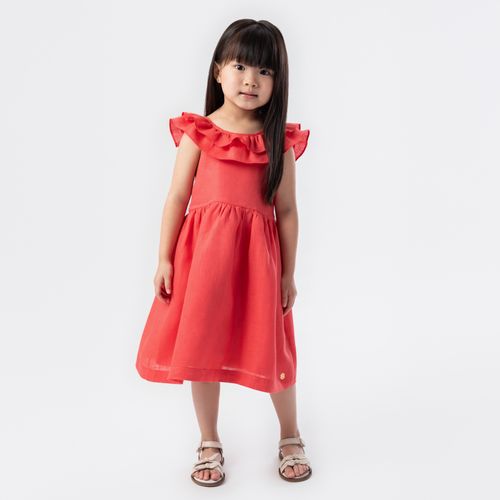 Vestido de Bebê Feminino Puro Linho com Babados - VERMELHO
