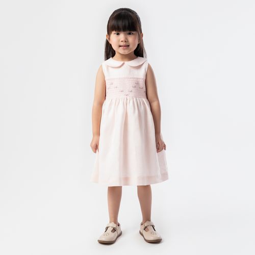 Vestido de Bebê Feminino Ponto Smock Puro Linho - ROSA BEBE