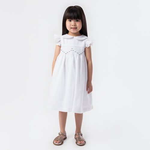 Vestido de Bebê Feminino Ponto Smock Puro Linho - BRANCO