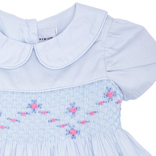 Vestido de Bebê Feminino Fustão Fio 60 Ponto Smock - AZUL BEBE