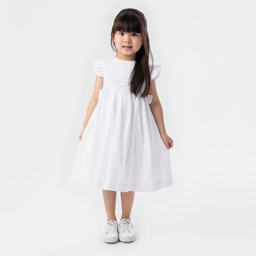 Vestido de Bebê Feminino Fustão Fio 60 Ponto Smock - BRANCO
