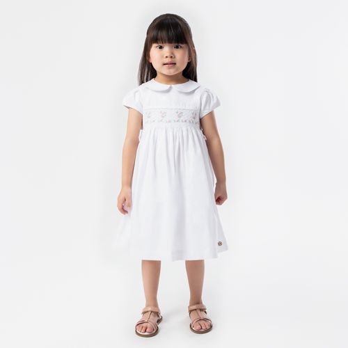 Vestido de Bebê Feminino Fustão Fio 60 Ponto Smock - BRANCO