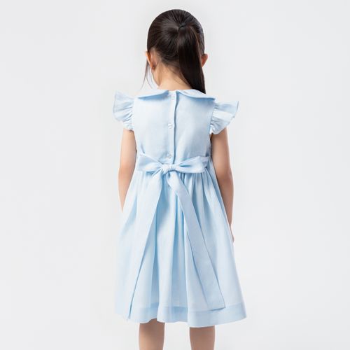 Vestido de Bebê Feminino Ponto Smock Puro Linho - AZUL BEBE