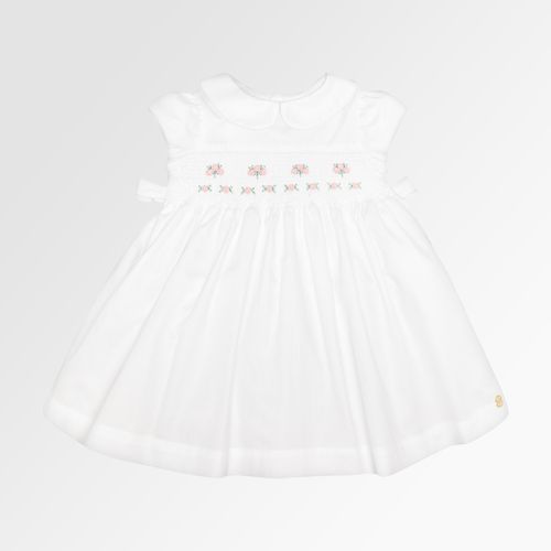 Vestido de Bebê Feminino Fustão Fio 60 Ponto Smock - BRANCO