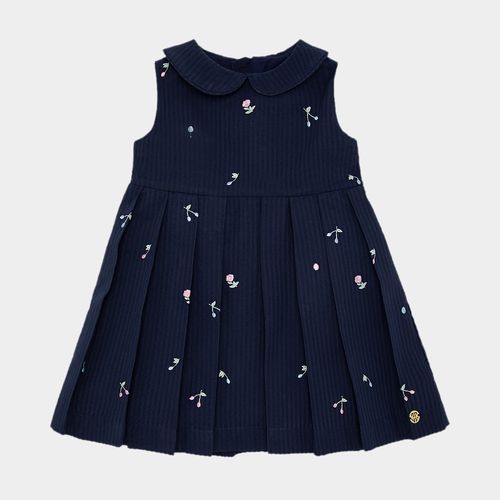 Vestido de Bebê Feminino Anarruga Listrado com Bordados - AZUL MARINHO