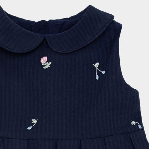 Vestido de Bebê Feminino Anarruga Listrado com Bordados - AZUL MARINHO