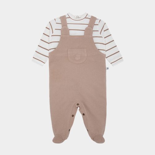 Macacão de Bebê Masculino Longo Piquet Listrado com Jardineira - KAKI