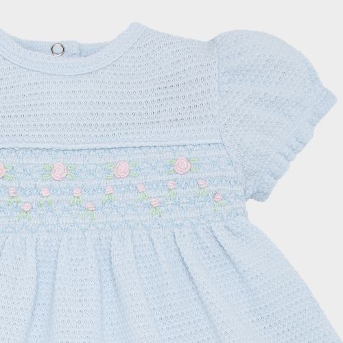 Macacão Vestido de Bebê Feminino Curto Ponto Smock - AZUL