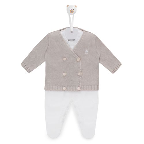 Saída de Maternidade Masculina Tricot Paletó Transpassado - BCO/ KAKI