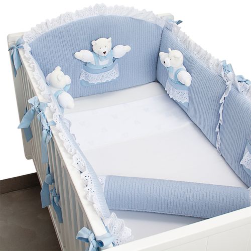 Protetor de Berço Tricot  Bolso Com Urso - AZUL