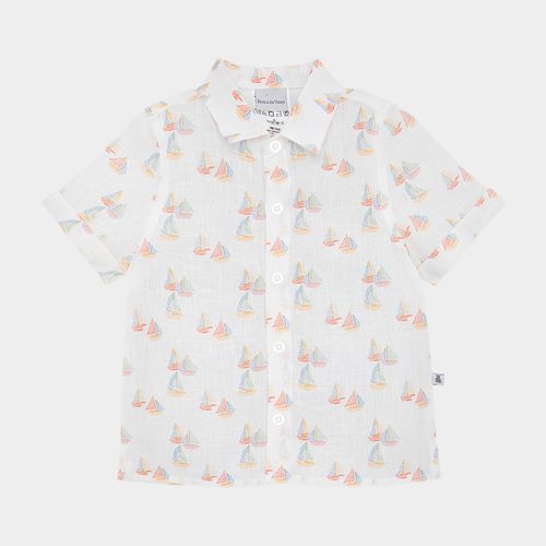 Camisa de Bebê Masculina Manga Curta Puro Linho Estampa Velejar - OFF WHITE