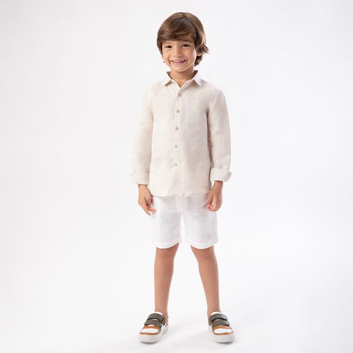Camisa de Bebê Masculina Manga Longa Puro Linho - NATURAL