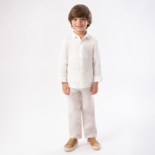 Camisa de Bebê Masculina Manga Longa Puro Linho - BRANCO