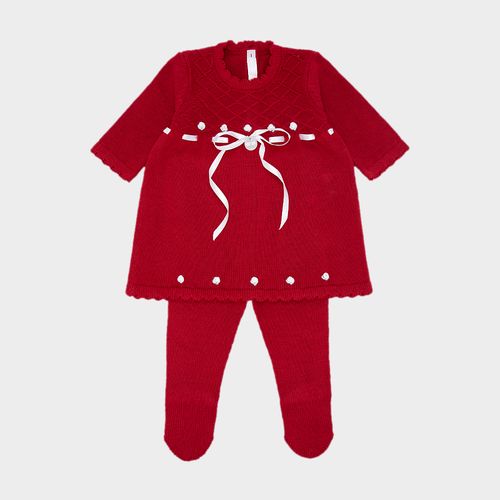 Saída de Maternidade Feminina Tricot Vestido com Flor Rococó - VERMELHO