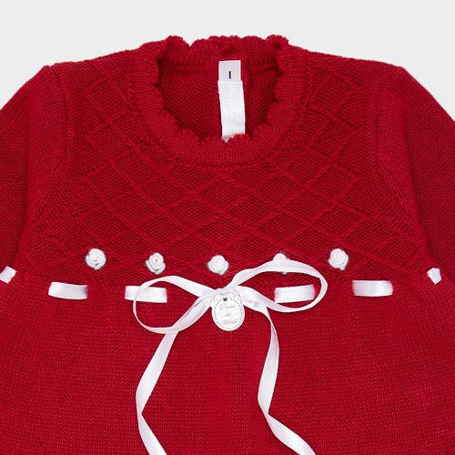 Saída de Maternidade Feminina Tricot Vestido com Flor Rococó - VERMELHO