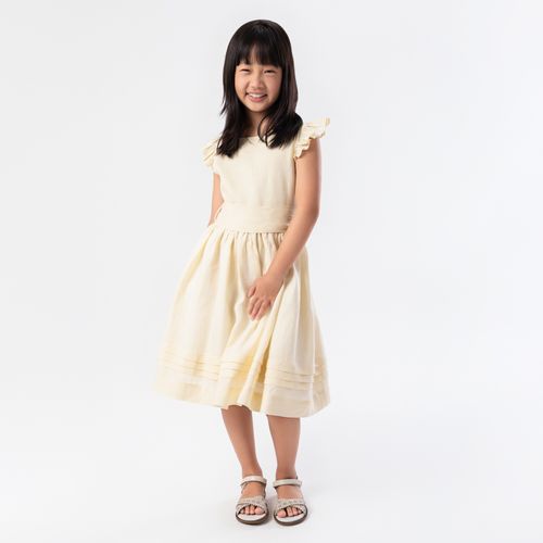 Vestido Infantil Feminino Puro Linho com Pregas - AMARELO