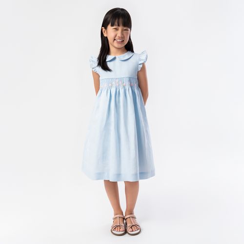 Vestido Infantil Feminino Ponto Smock Puro Linho - AZUL BEBE