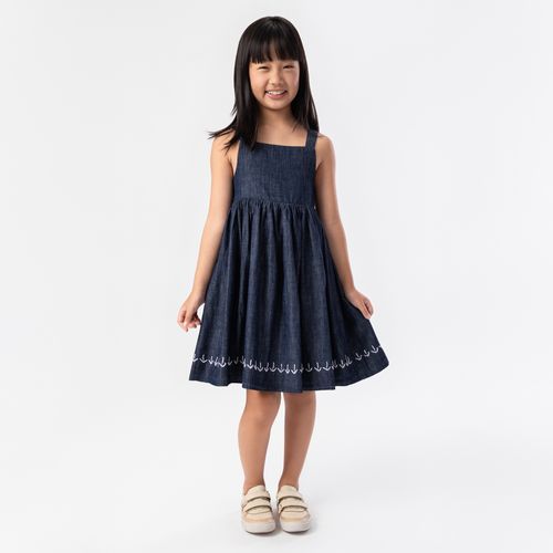 Vestido Infantil Feminino Jeans com Bordado - AZUL JEANS