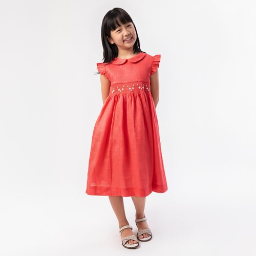 Vestido Infantil Feminino Puro Linho Ponto Smock - VERMELHO