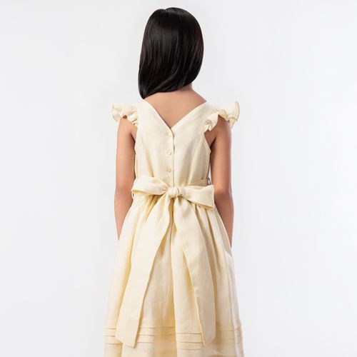 Vestido Infantil Feminino Puro Linho com Pregas - AMARELO
