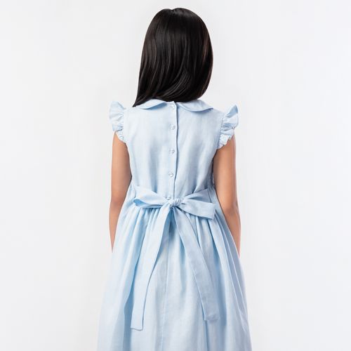 Vestido Infantil Feminino Ponto Smock Puro Linho - AZUL BEBE