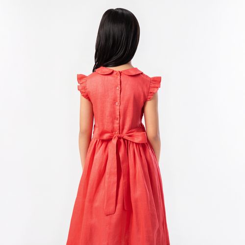 Vestido Infantil Feminino Puro Linho Ponto Smock - VERMELHO