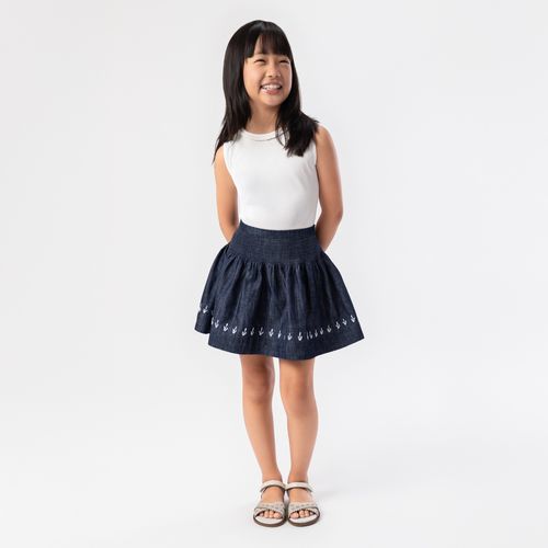 Saia Jeans Infantil Feminina de Pregas com Bordado - AZUL JEANS