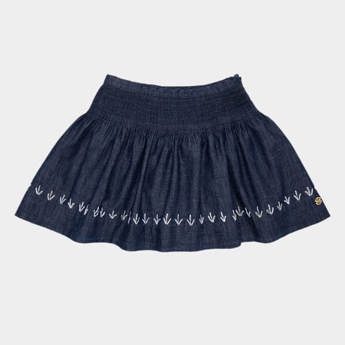 Saia Jeans Infantil Feminina de Pregas com Bordado - AZUL JEANS