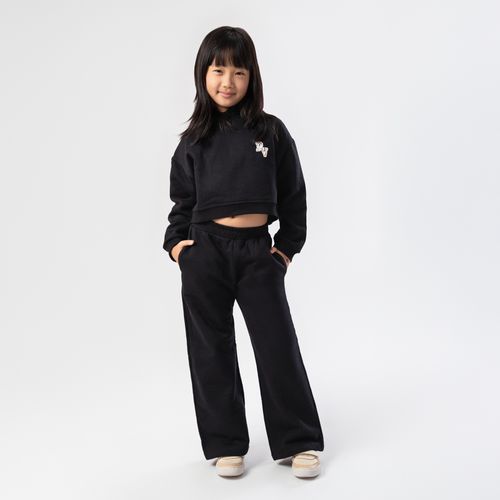 Conjunto Infantil Feminino Fleece Cropped com Bordado - PRETO