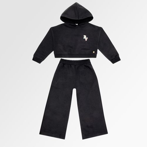 Conjunto Infantil Feminino Fleece Cropped com Bordado - PRETO