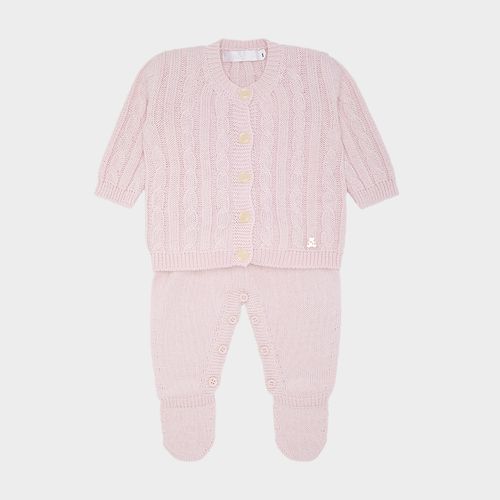 Saída de Maternidade Feminina Tricot Pompom Trança - ROSA PASTEL