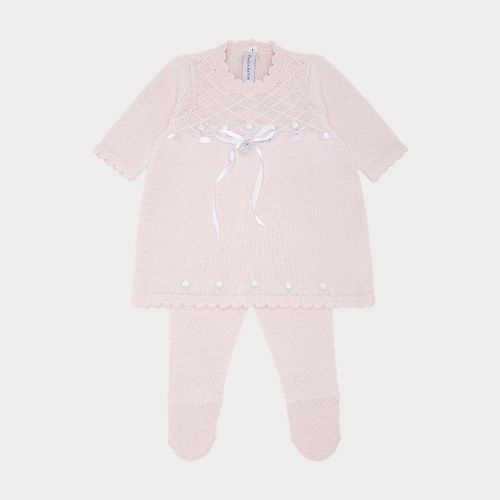 Saída de Maternidade Feminina Tricot Vestido com Flor Rococó - ROSA PASTEL