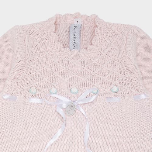Saída de Maternidade Feminina Tricot Vestido com Flor Rococó - ROSA PASTEL