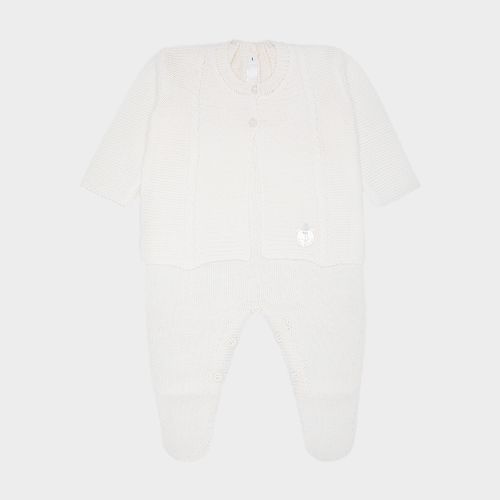 Saída de Maternidade Masculina Tricot Jardineira Casaco Ponto Trança - BRANCO