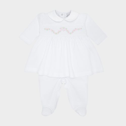 Macacão Vestido de Bebê Feminino Longo Dadinho Ponto Smock - BRANCO
