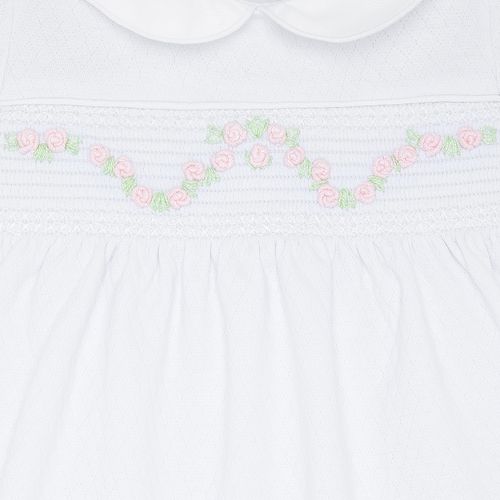 Macacão Vestido de Bebê Feminino Longo Dadinho Ponto Smock - BRANCO
