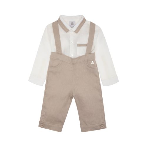 Conjunto de Bebê Masculino Puro Linho Jardineira com Camisa - KAKI