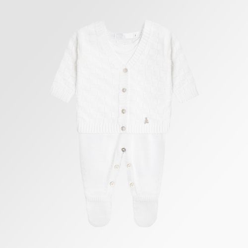 Saída de Maternidade Unissex com Manta Tricot Quadriculado - BRANCO