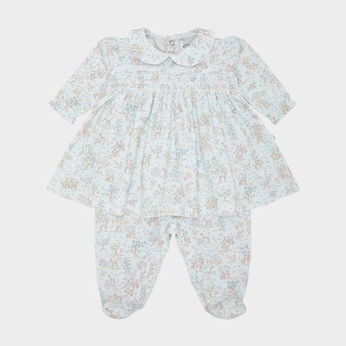 Macacão Vestido de Bebê Feminino Longo Algodão Egípcio Liberty Fabrics Floresta - AZUL BEBE