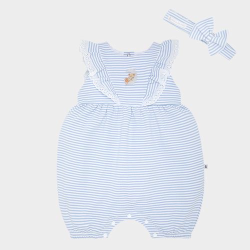Macacão de Bebê Feminino Curto Listrado com Bordado - AZUL BEBE