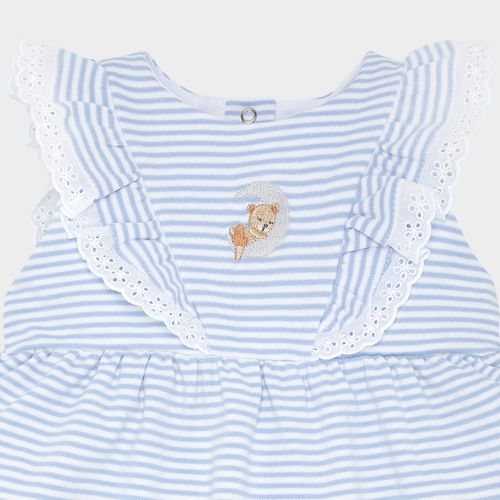 Macacão de Bebê Feminino Curto Listrado com Bordado - AZUL BEBE
