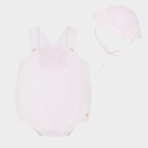 Romper de Bebê Feminino Xadrez Annaruga com Chapéu - ROSA BEBE